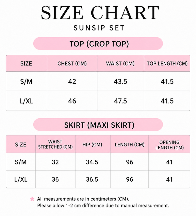Size chart for Sunsip Set
