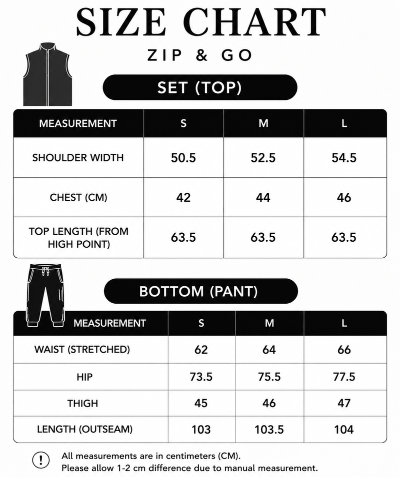 Size chart for Zip & Go Set
