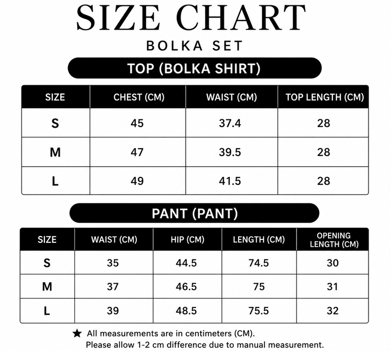 Size chart for Polka Set
