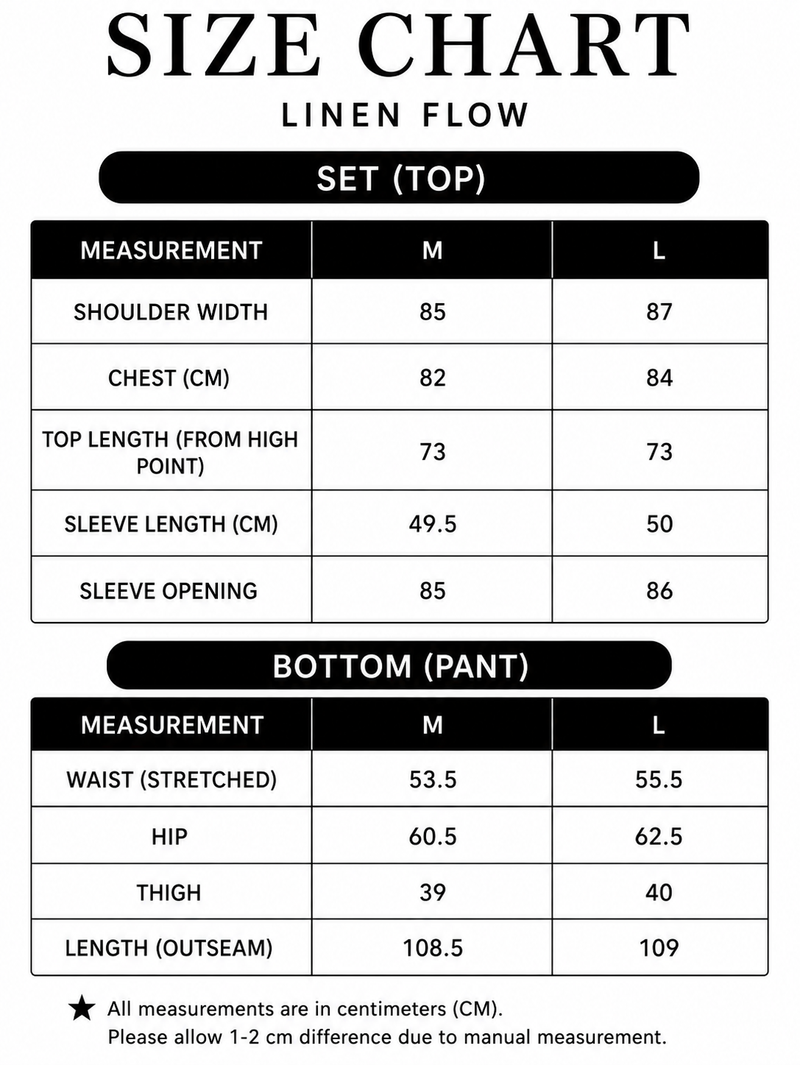 Size chart for Linen flow Set