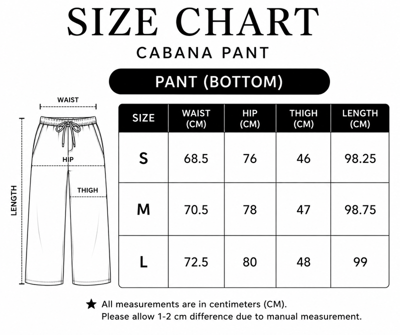 Size chart for Cabana pant