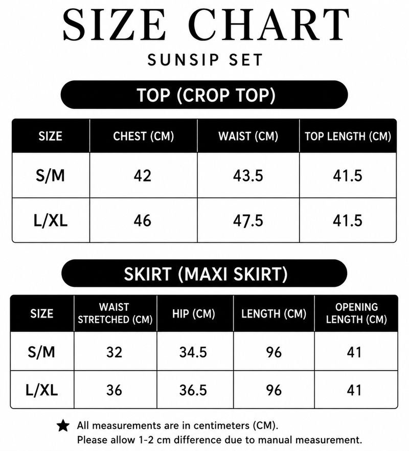 Size chart for Sunsip Set